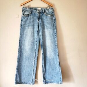 PacSun Light Wash Rhinestone Bling Pocket Wide Leg Jeans 32x30 Statement Denim
